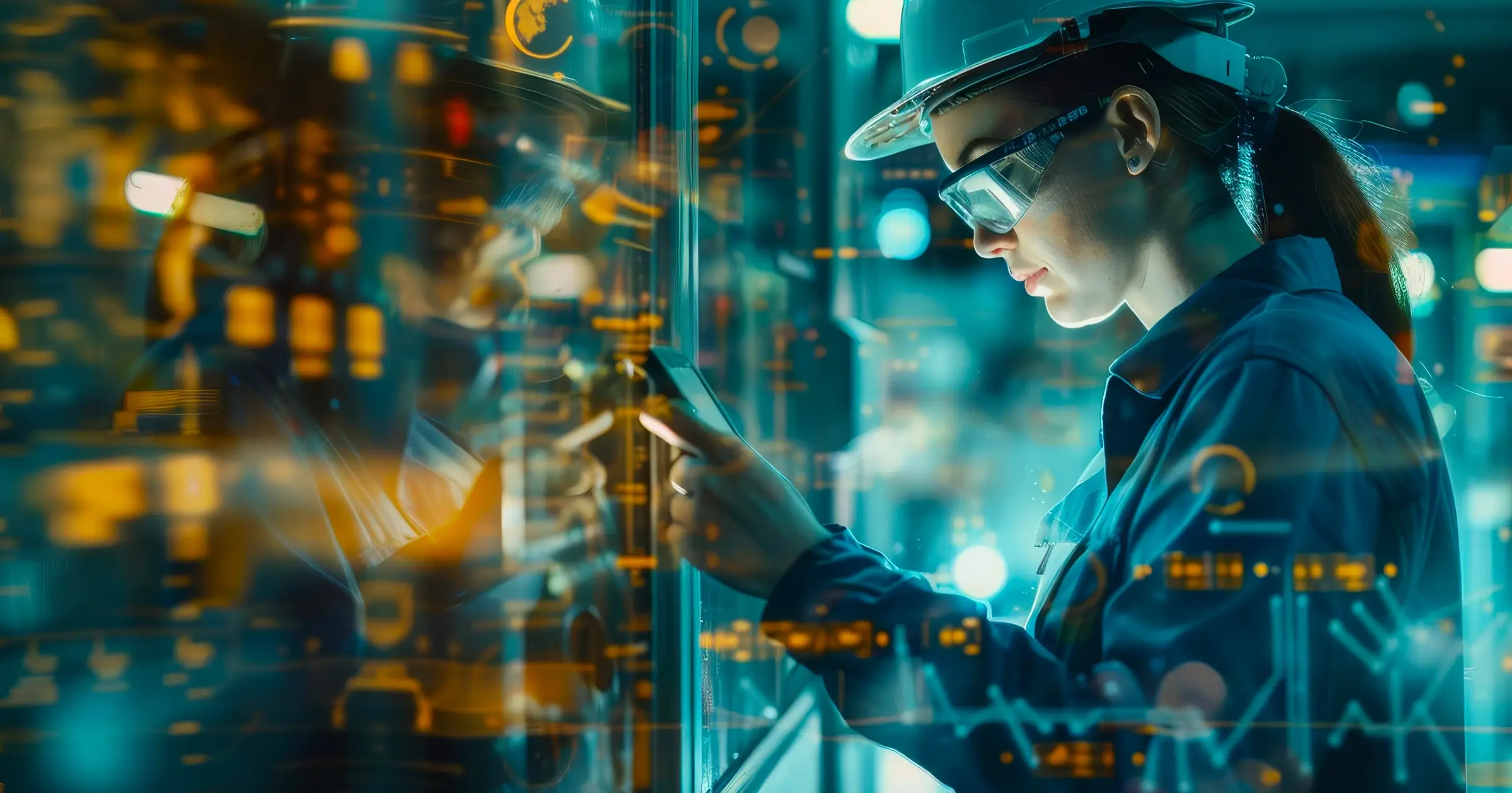 Captura de datos del taller por parte de un técnico en una instalación de fabricación avanzada que recopila datos con una tableta digital Industria 4.0